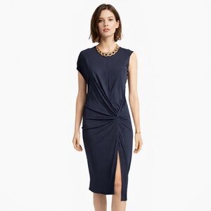 Helmut Lang Navy Asymmetric Wrap Dress Petite 0 — Split Hem, Modern Minimalist